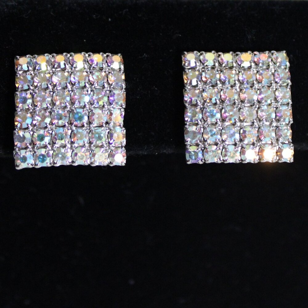 Rhinestone Square Vintage Earrings Silver Tone, Screw Backs ⚡️BUY 3 for $55⚡️